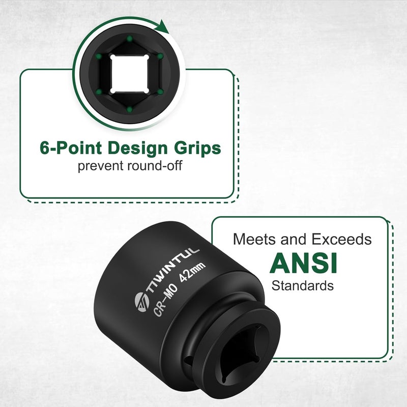 TIWINTUL 3/4 Inch Drive Metric Impact Socket 42mm, 6-Point Design, Heat-Treated Chrome Molybdenum Alloy Steel, Spindle Axle Nut Socket for Auto Repair, Easy Removal - Image 3